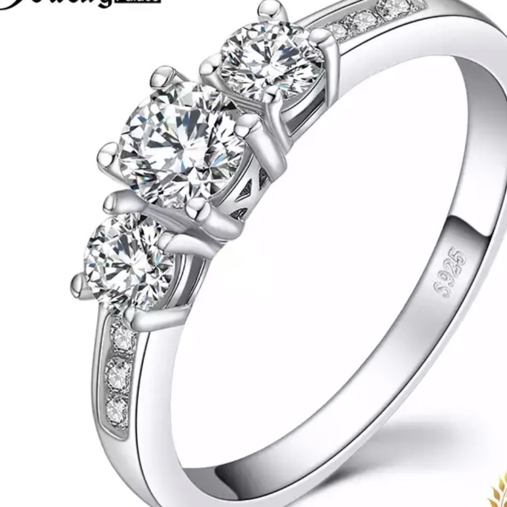 3 Stone Engagement Ring 925 Sterling Silver Ring - Picture 2 of 7